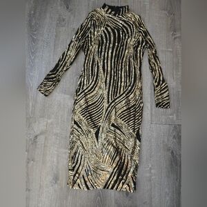 Fashion Nova Gold and Black Long Sleeve Sequins Dress Sz.1X